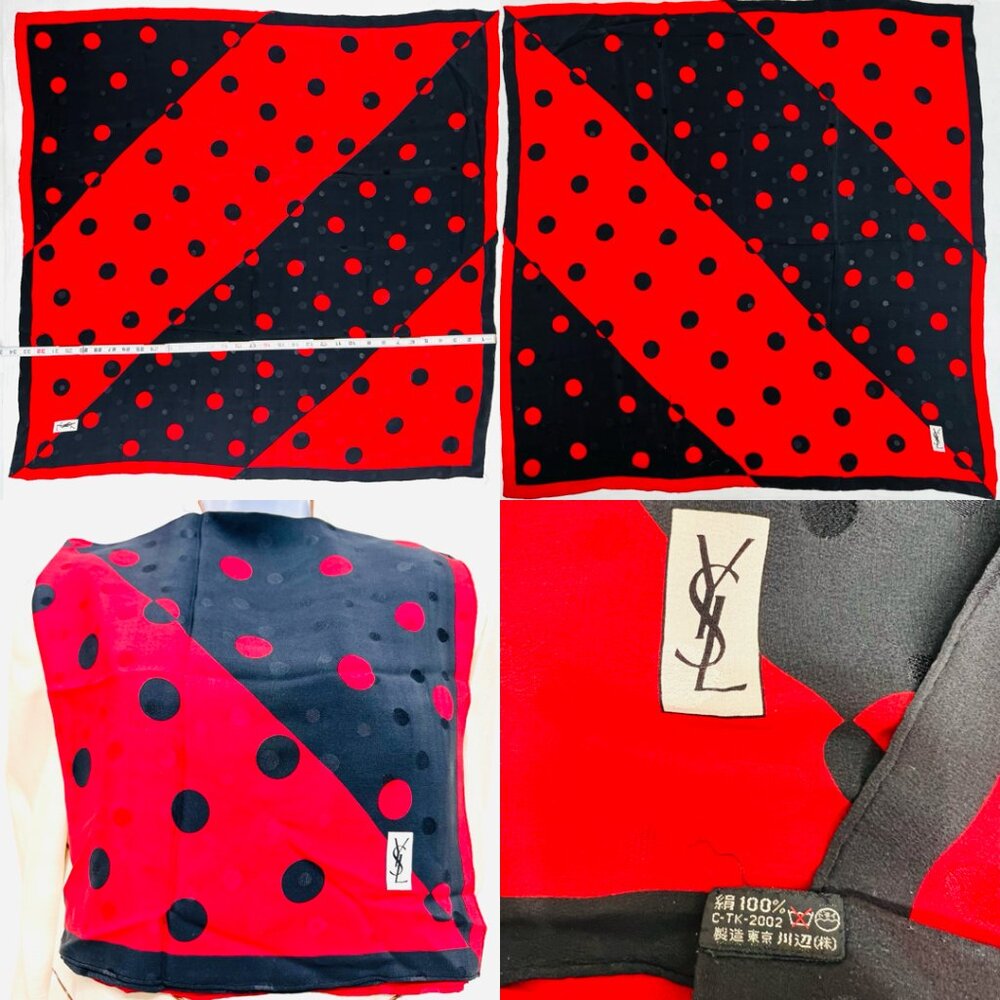 Yves Saint Laurent 100% Silk Satin scarf 33"  black red pocka dots (66 - Picture 9 of 13